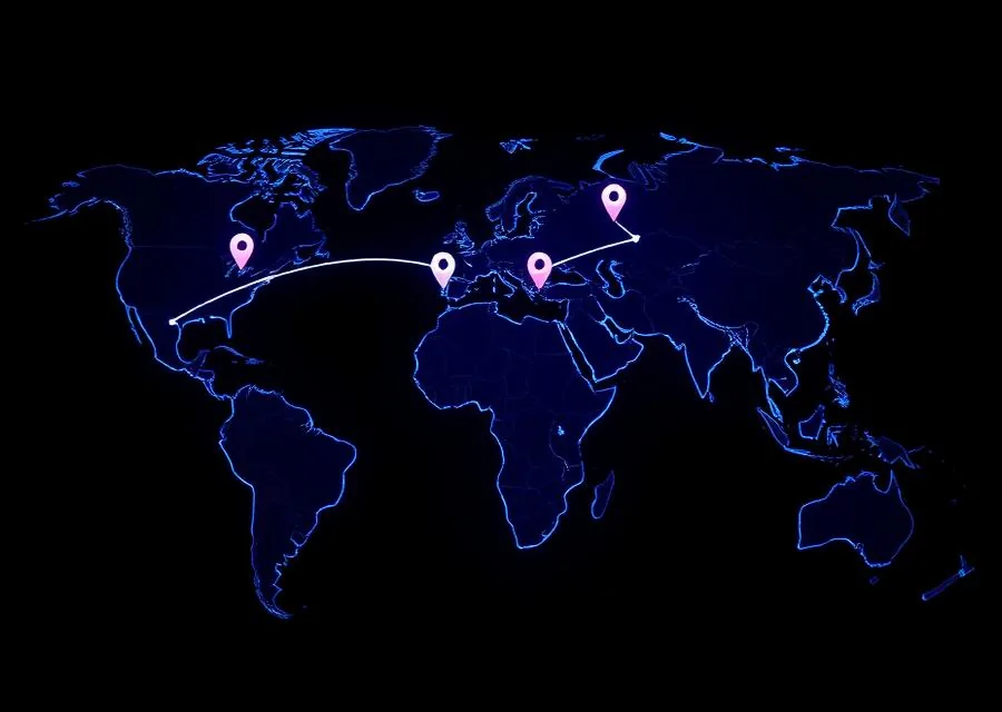World map with a glowing migration route representing the Visafy roadmap